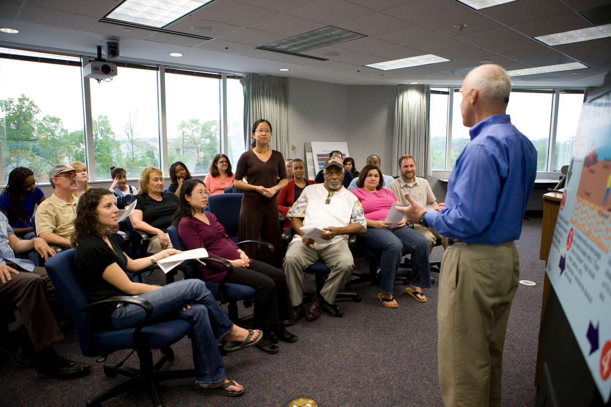 Speaking at a town hall meeting on behalf of the Agency for Toxic Substances and Disease Registry (ATSDR), this man was in the process of educating attendees. Courtesy of the Public Health Image Library, Centers for Disease Control and Prevention.